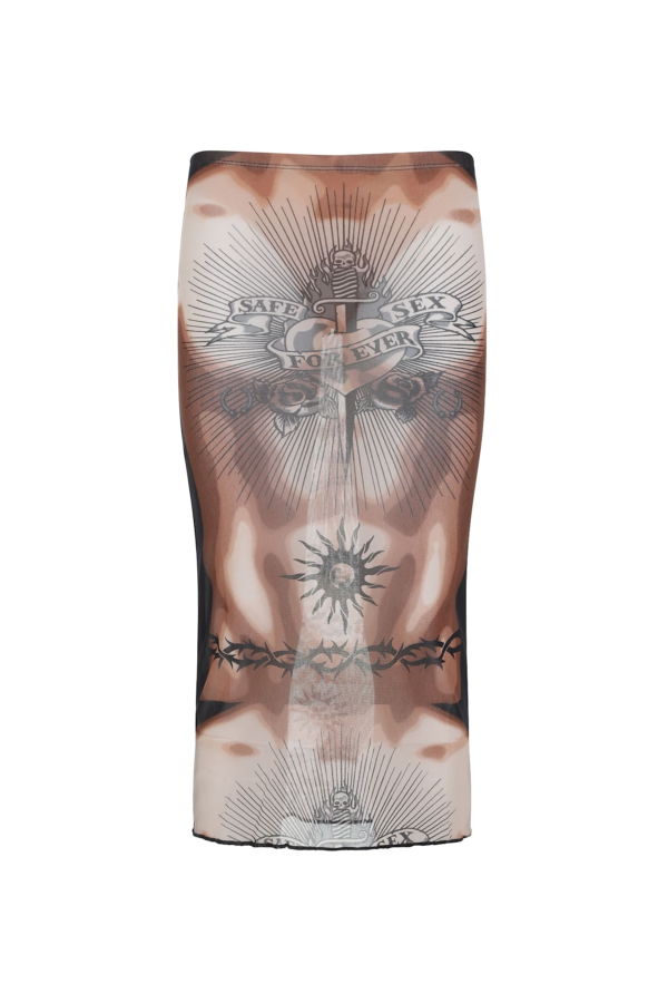 Jean Paul Gaultier Safe Sex Tattoo Midi Skirt - Nude Brown Black