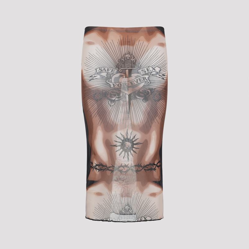 Jean Paul Gaultier Safe Sex Tattoo Midi Skirt - Nude Brown Black