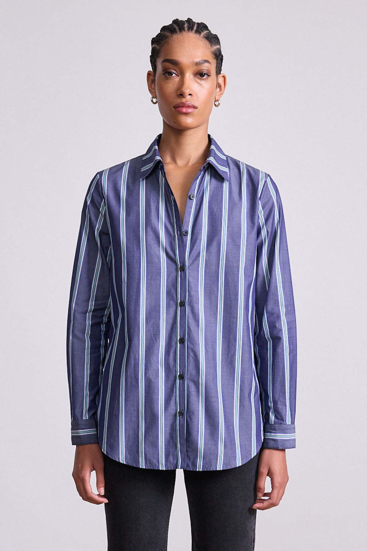 Apiece Apart Sodi Wrap Button Up Top - Indigo Stripe - Image 1 of 5
