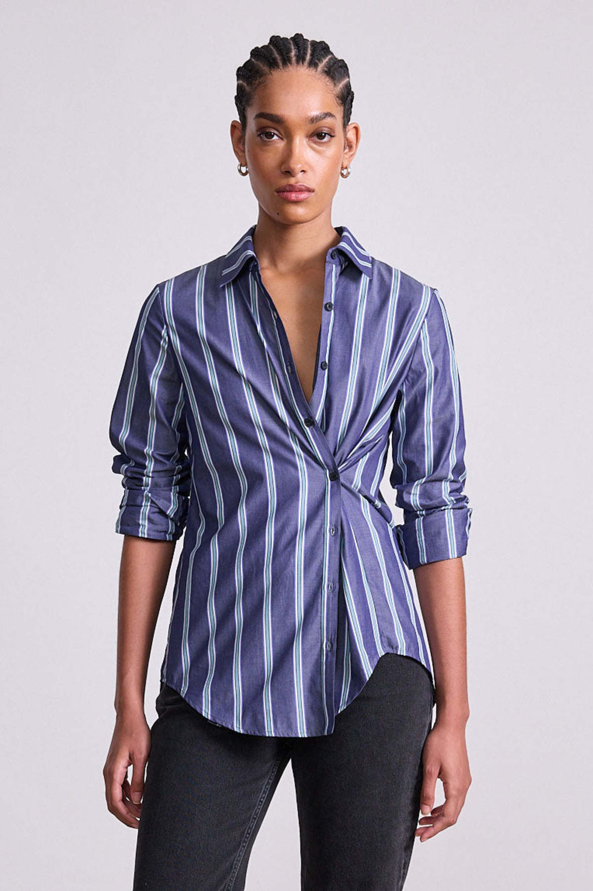 Apiece Apart Sodi Wrap Button Up Top - Indigo Stripe - Image 2 of 5
