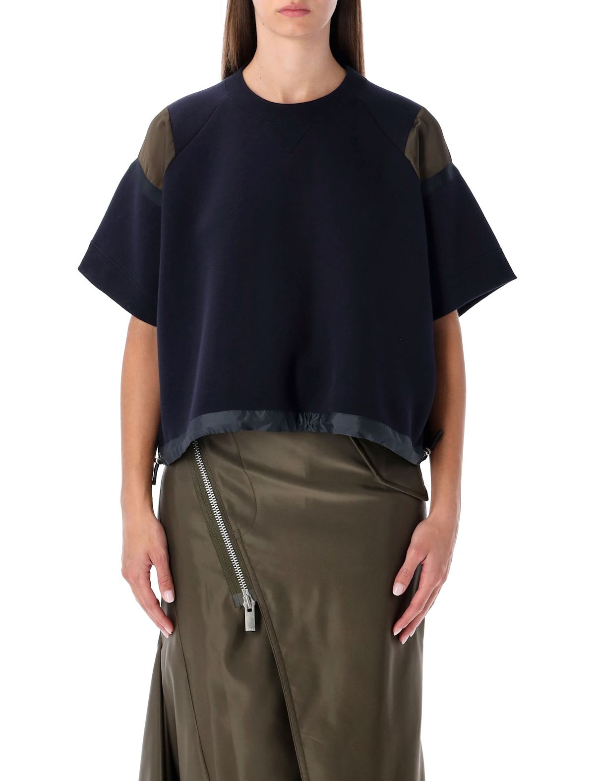 sacai Oversized Technical Cotton Drawstring Hem T-Shirt - Navy Dark Khaki - Image 1 of 3