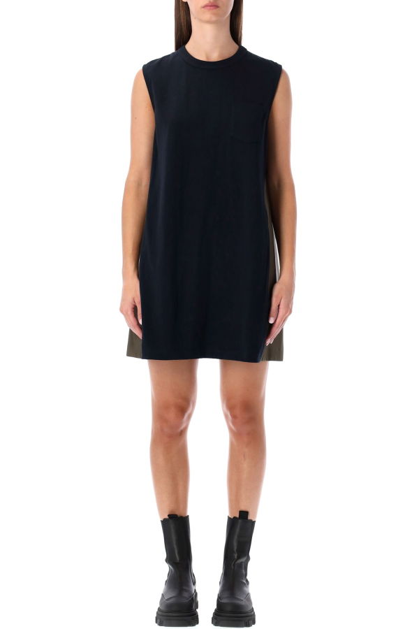 sacai Short Dress With Contrasting Pleated Back Dress - Navy Khaki