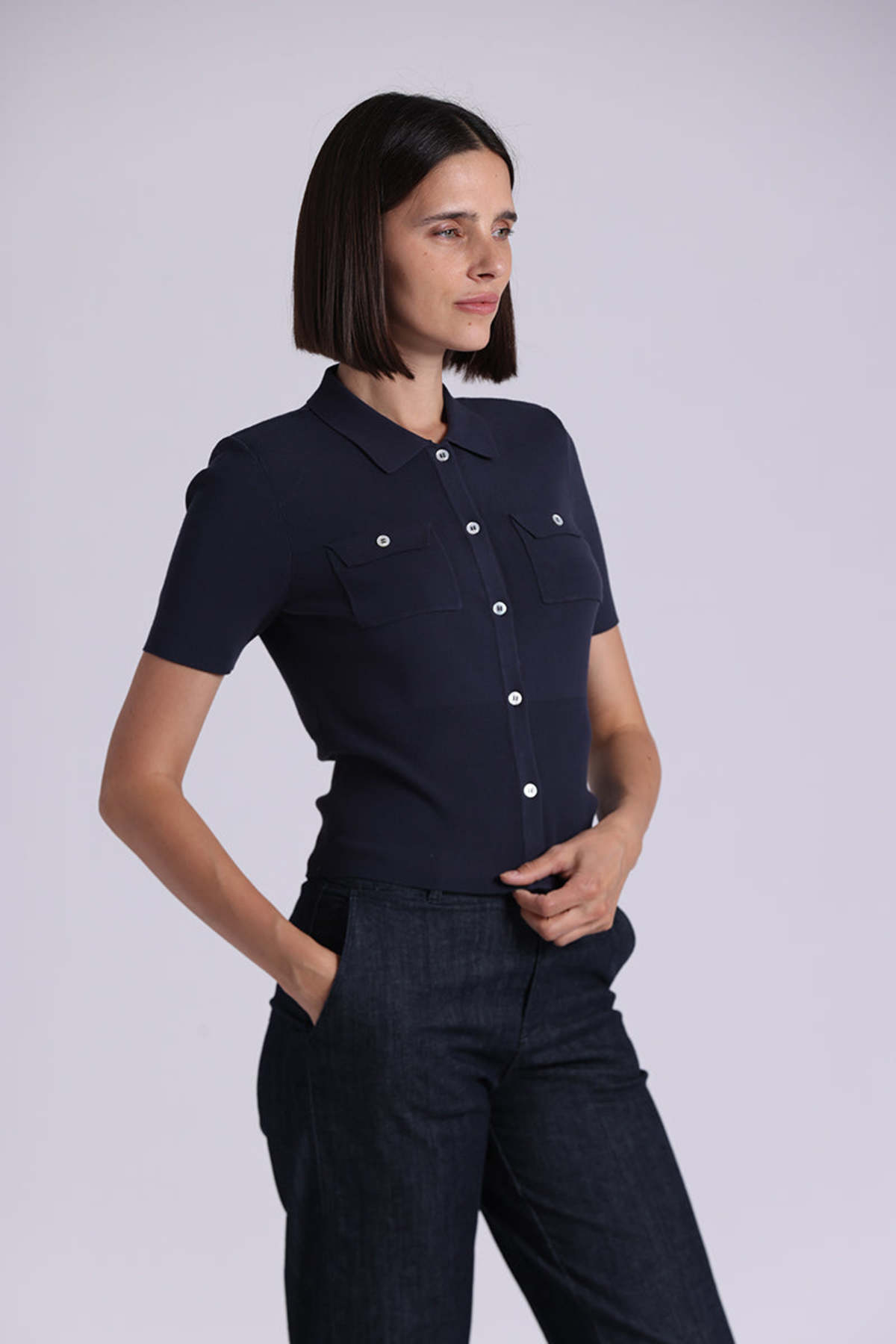 Minnie Rose Short Sleeve Collared Shirt w/ Pockets Sweater - Navy - Image 1 of 3