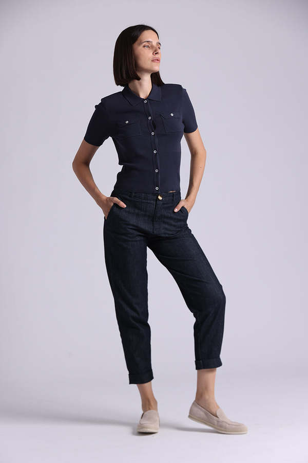 Minnie Rose Short Sleeve Collared Shirt w/ Pockets Sweater - Navy