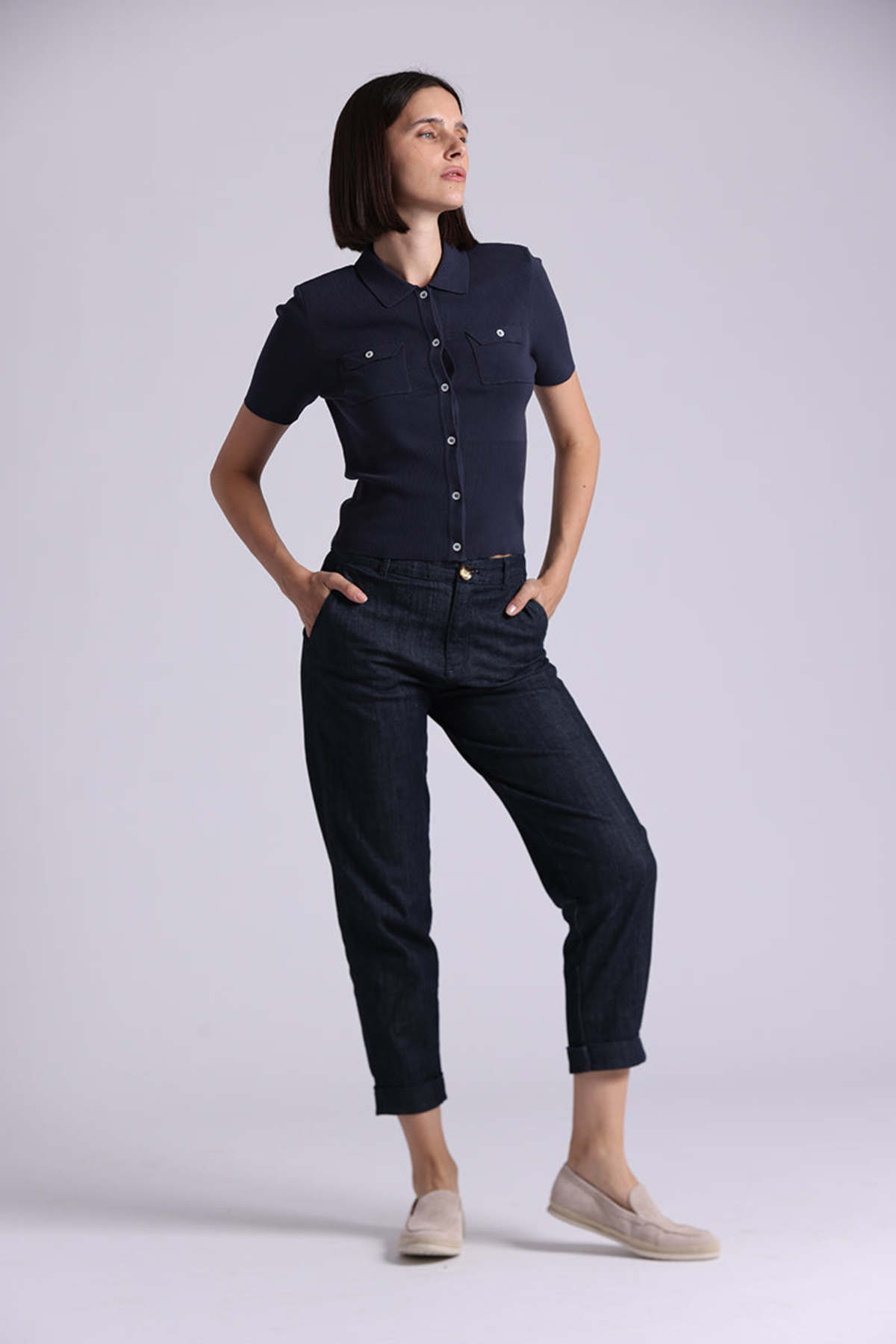 Minnie Rose Short Sleeve Collared Shirt w/ Pockets Sweater - Navy - Image 2 of 3