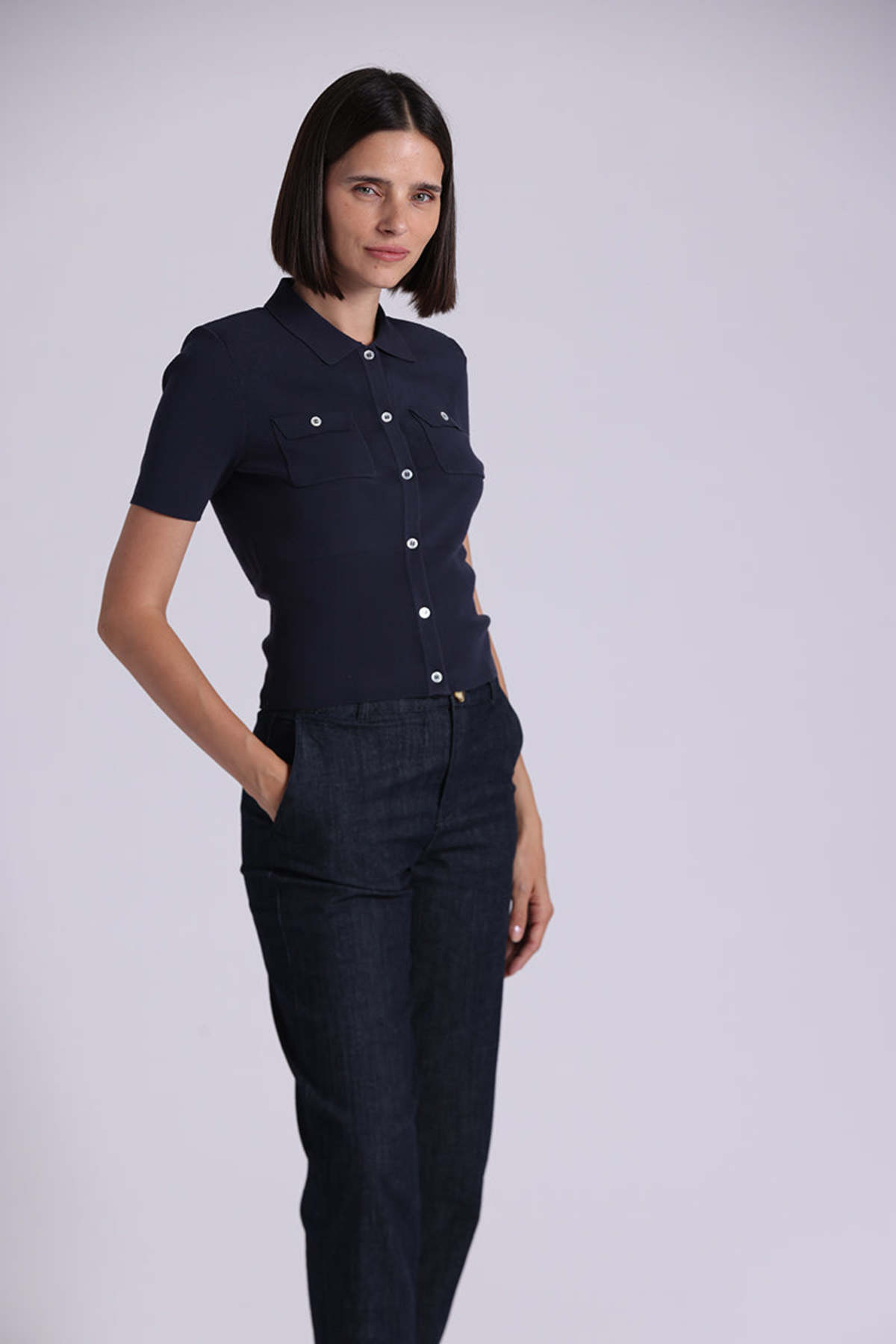 Minnie Rose Short Sleeve Collared Shirt w/ Pockets Sweater - Navy - Image 3 of 3