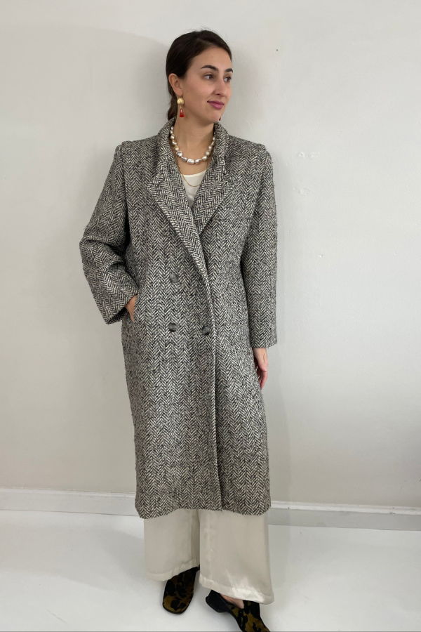 Forecaster of Boston Vintage 90s Long Herringbone Tweed Double Breasted Overcoat