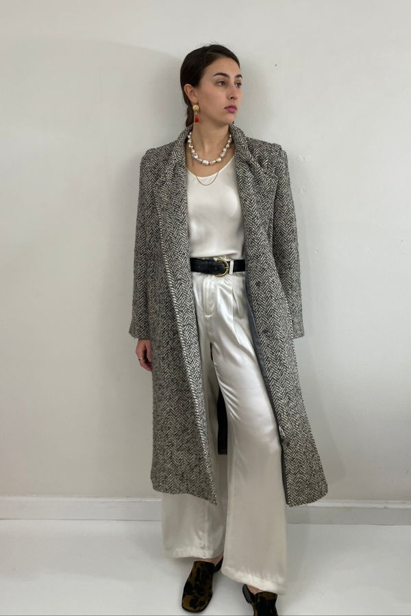 Forecaster of Boston Vintage 90s Long Herringbone Tweed Double Breasted Overcoat