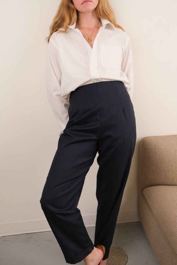 Hermine Vintage 90s Deep Sea Pinstripe Worsted Wool Cuffed Trousers - Navy