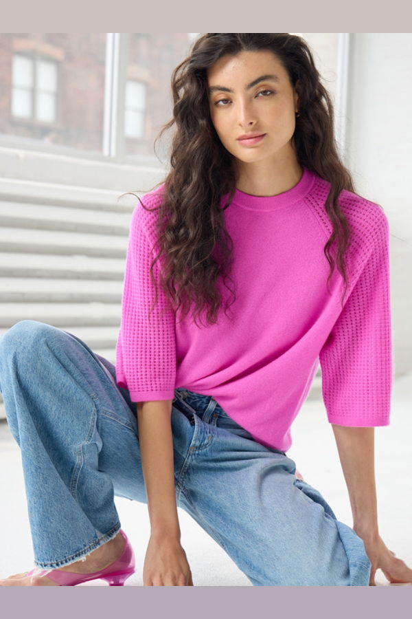 Autumn Cashmere Boxy S/S Mesh Raglan Sweater - Petunia