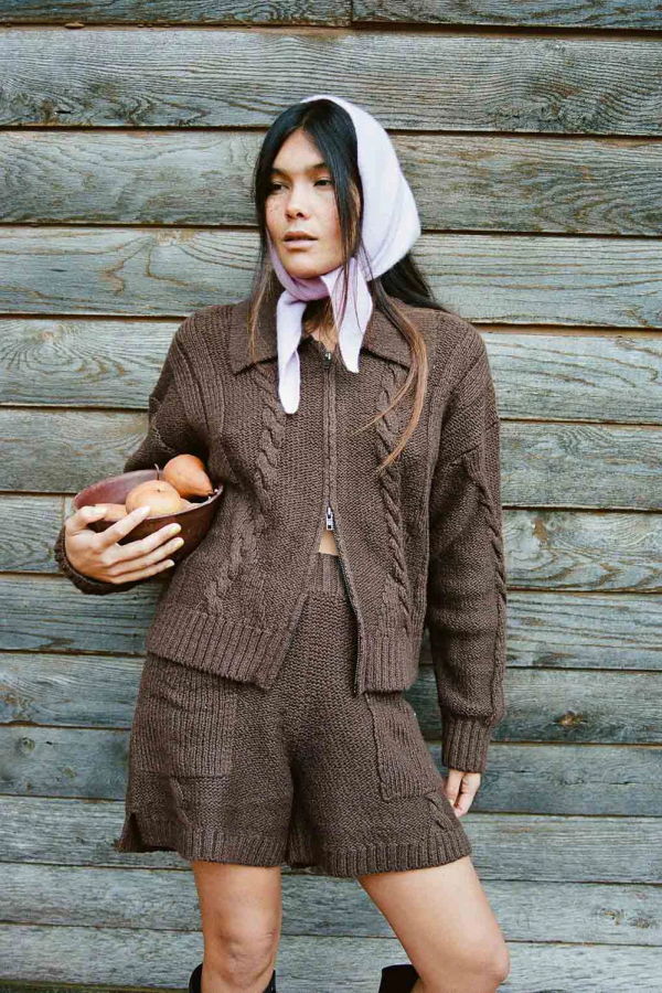 Noble Braided Knit Cardigan - Chocolate