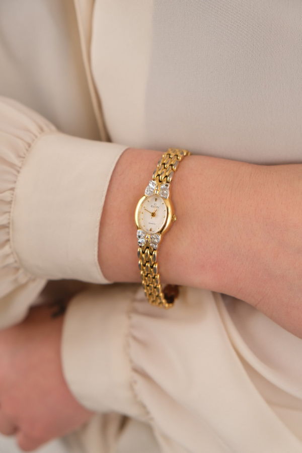 Hermine Vintage 80s Gilded Elgin Faux Diamond Butterfly Bracelet Watch