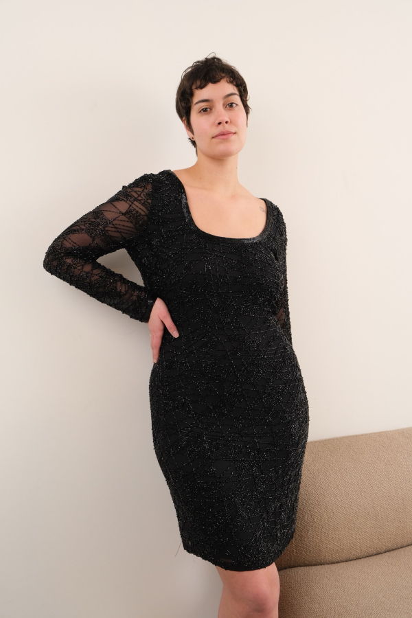 Hermine Vintage 90s Carbon Silk Long Sleeve Open Back Midi Dress - Black