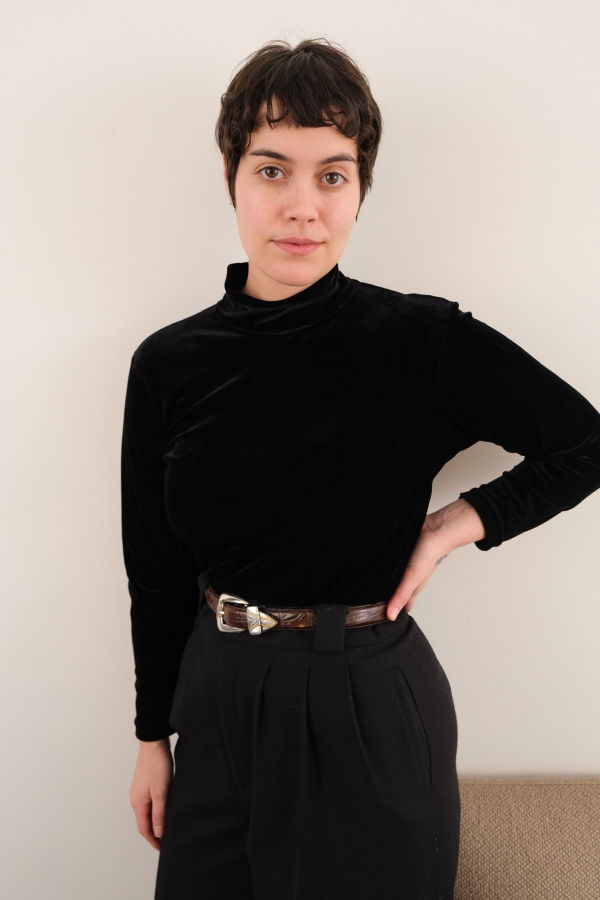 Vintage 90s Velvet Mockneck Long Sleeve Top - Onyx
