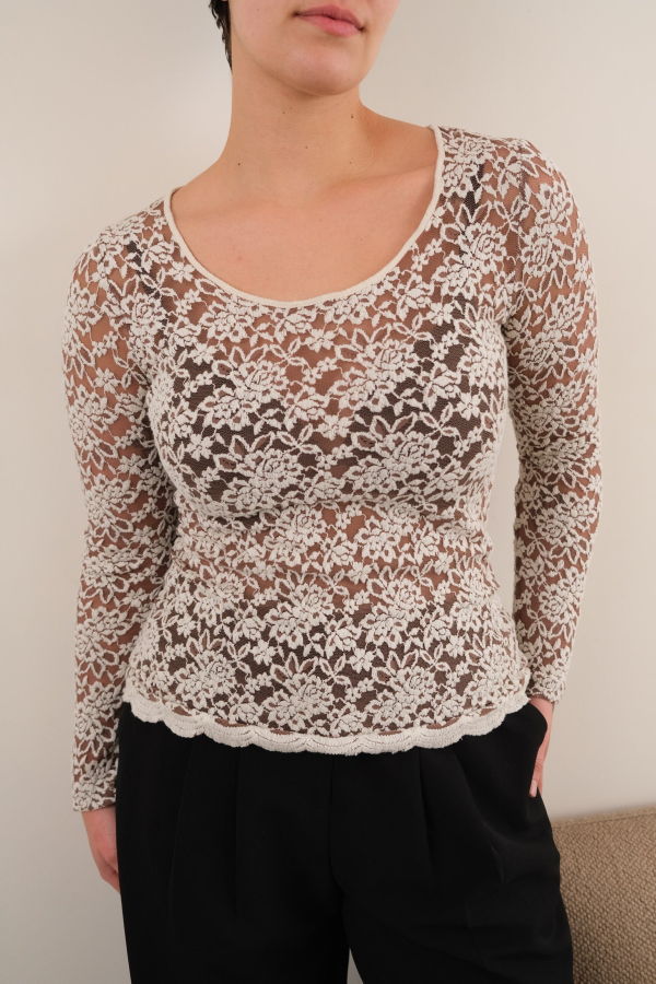 Hermine Vintage Oyster Floral Lace Long Sleeve Scoopneck Top - Cream