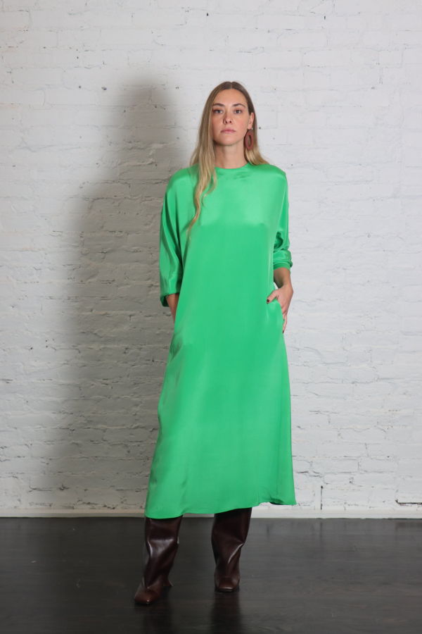 Tibi 4 Ply Silk Long Sleeve Cocoon Dress - Green
