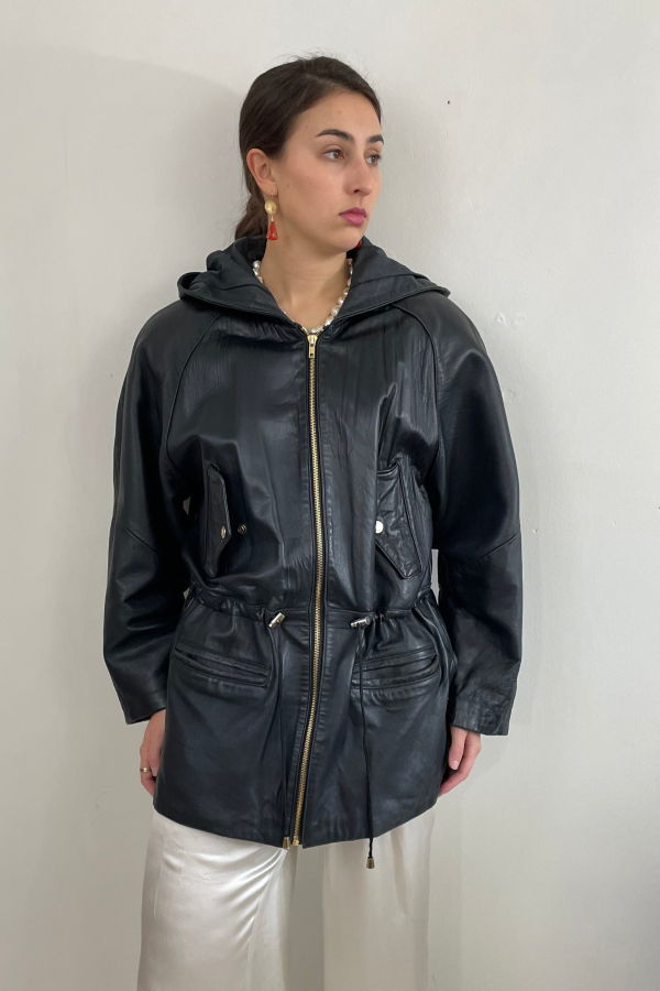 G III Vintage 90s Hooded Leather Jacket - Black