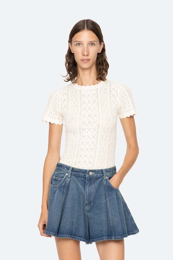 Sea NY Georgia Knit S/S Top Sweater - Cream