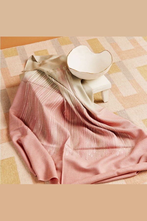 Variously Chive Ombre Hand Textured Handloom Soft Merino Throw - Soft Gravel and Rose Tan