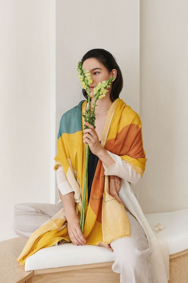 Variously Cirq Sun Hand Embroidered Scarf - Yellow