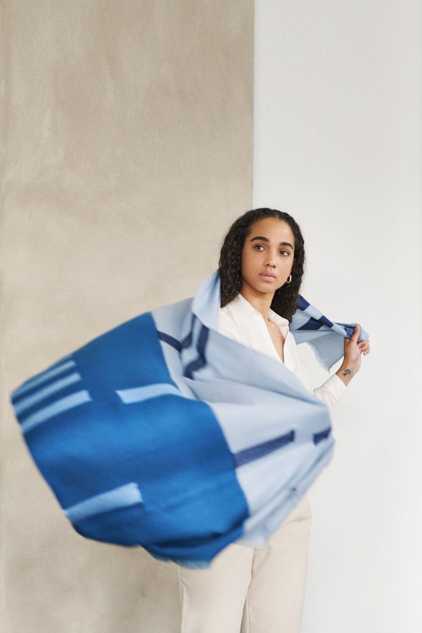 Variously Harbor Blue Silk Merino Hand Woven Hand Embroidered Scarf - Blue/Orange