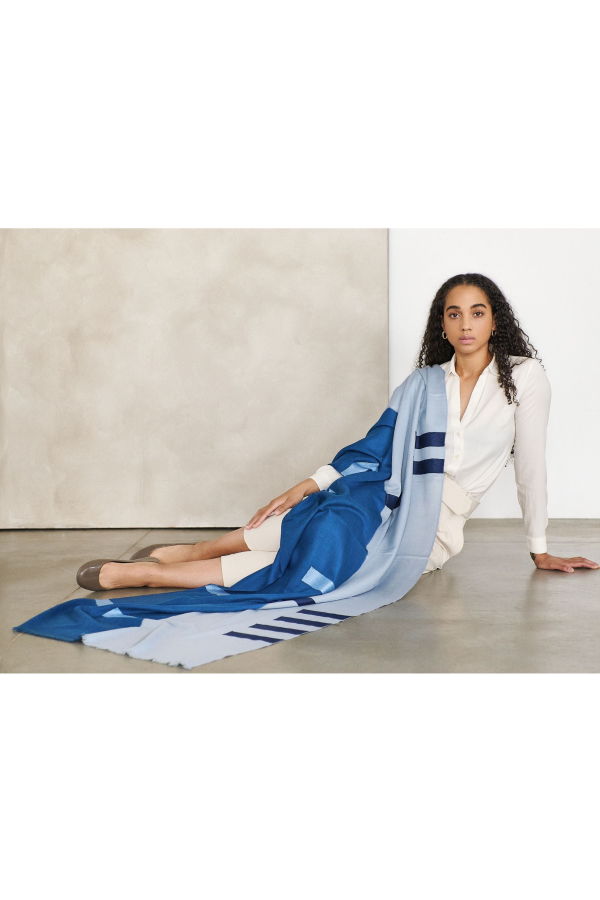 Variously Harbor Blue Silk Merino Hand Woven Hand Embroidered Scarf - Blue/Orange