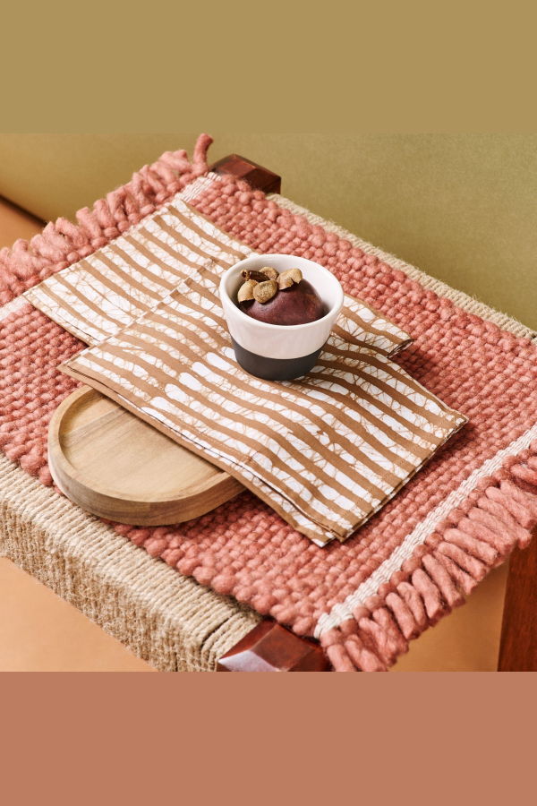 Variously Oak Brown Stripes Wax Block Print Cotton Table Napkin - Set of 4