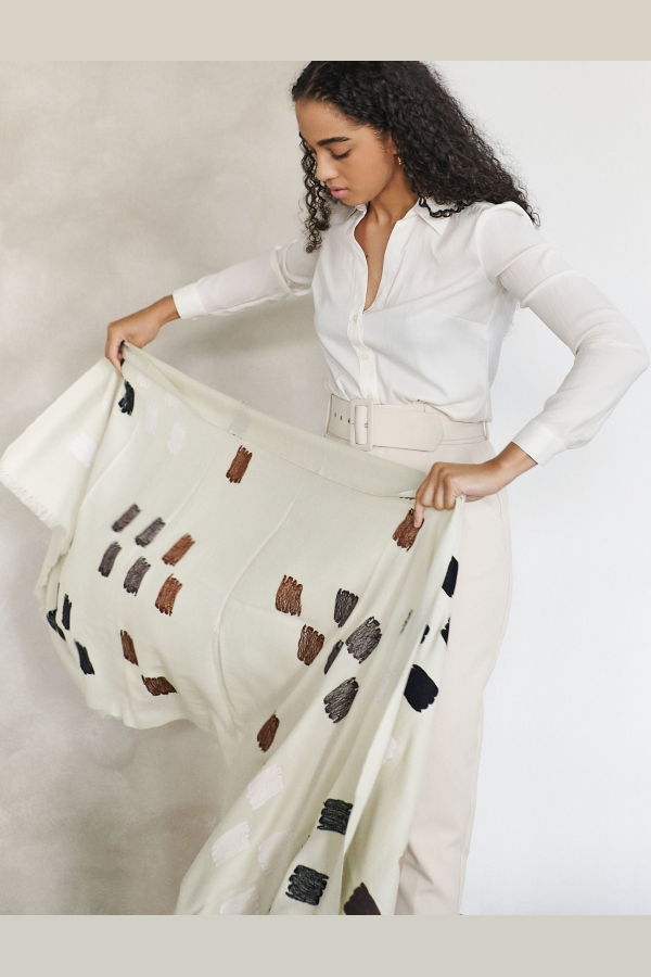 Variously Dahlia Hand Embroidered Hand Woven Scarf - Off White/Olive Green