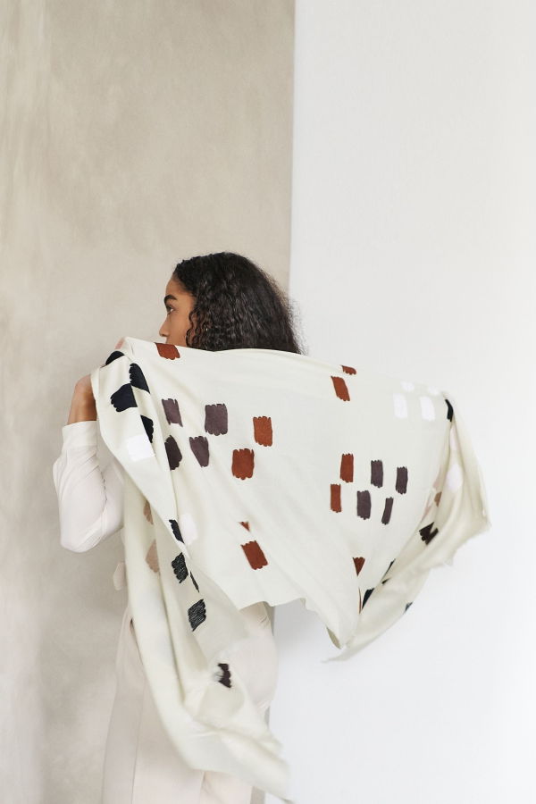 Variously Dahlia Hand Embroidered Hand Woven Scarf - Off White/Olive Green