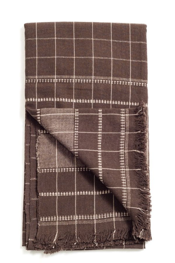 Variously Treacle Checks Pattern Handloom Throw - Deep Brown/Soft White