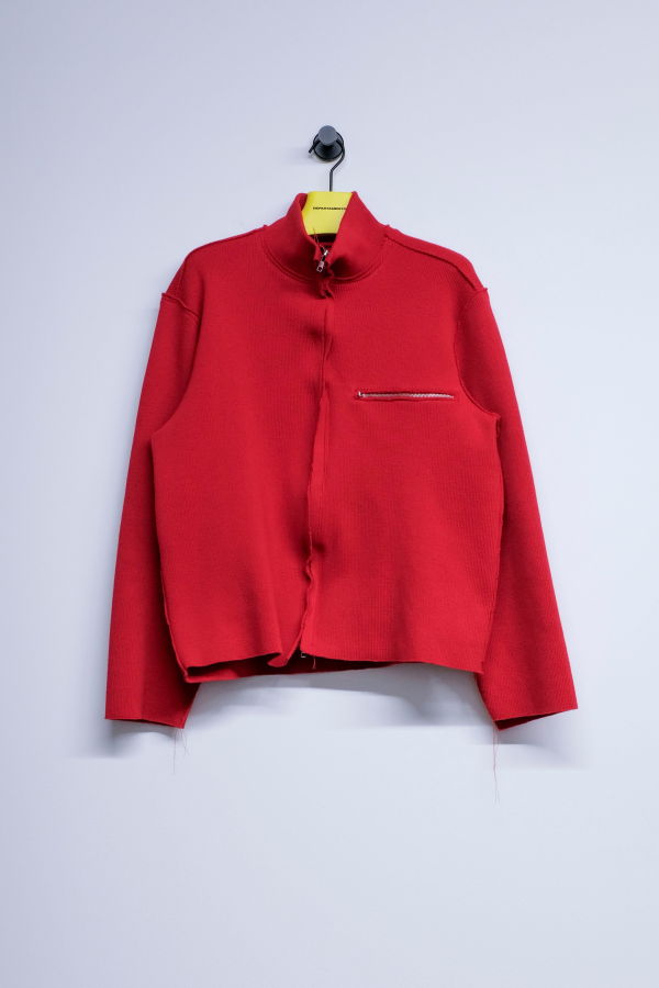 Camiel Fortgens Red Heavy Rib Zip Up Knit Cardigan
