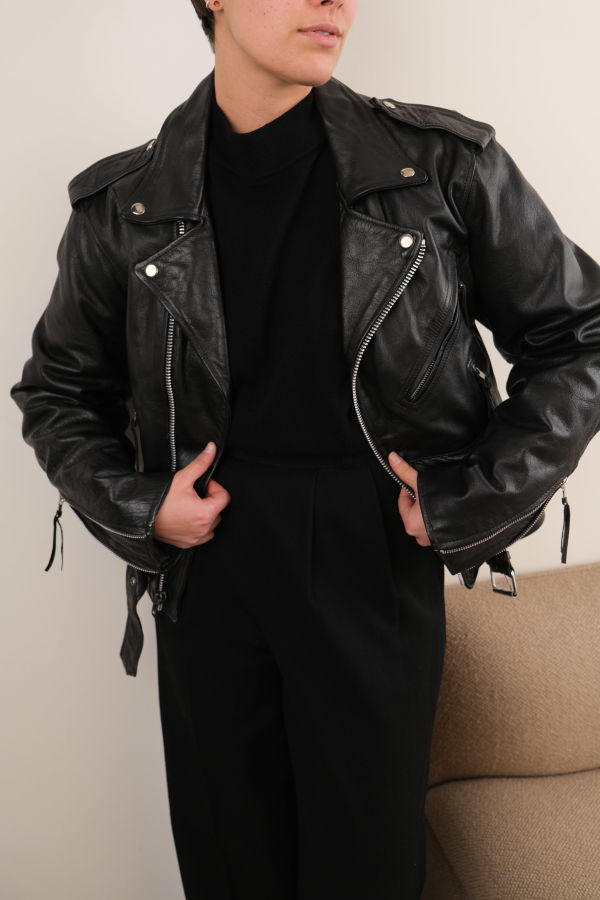 Hermine Vintage 80s Obsidian Leather Cropped Moto Jacket - Black
