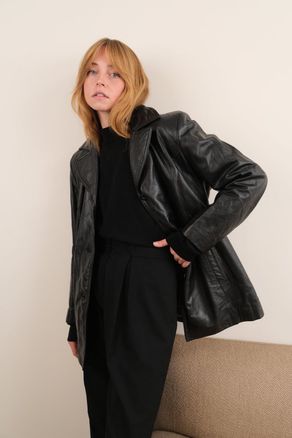 Hermine Vintage 90s Raven Leather Button Up Jacket - Black