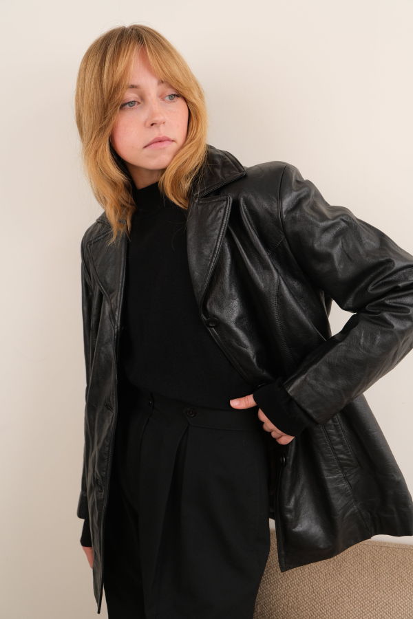 Hermine Vintage 90s Raven Leather Button Up Jacket - Black