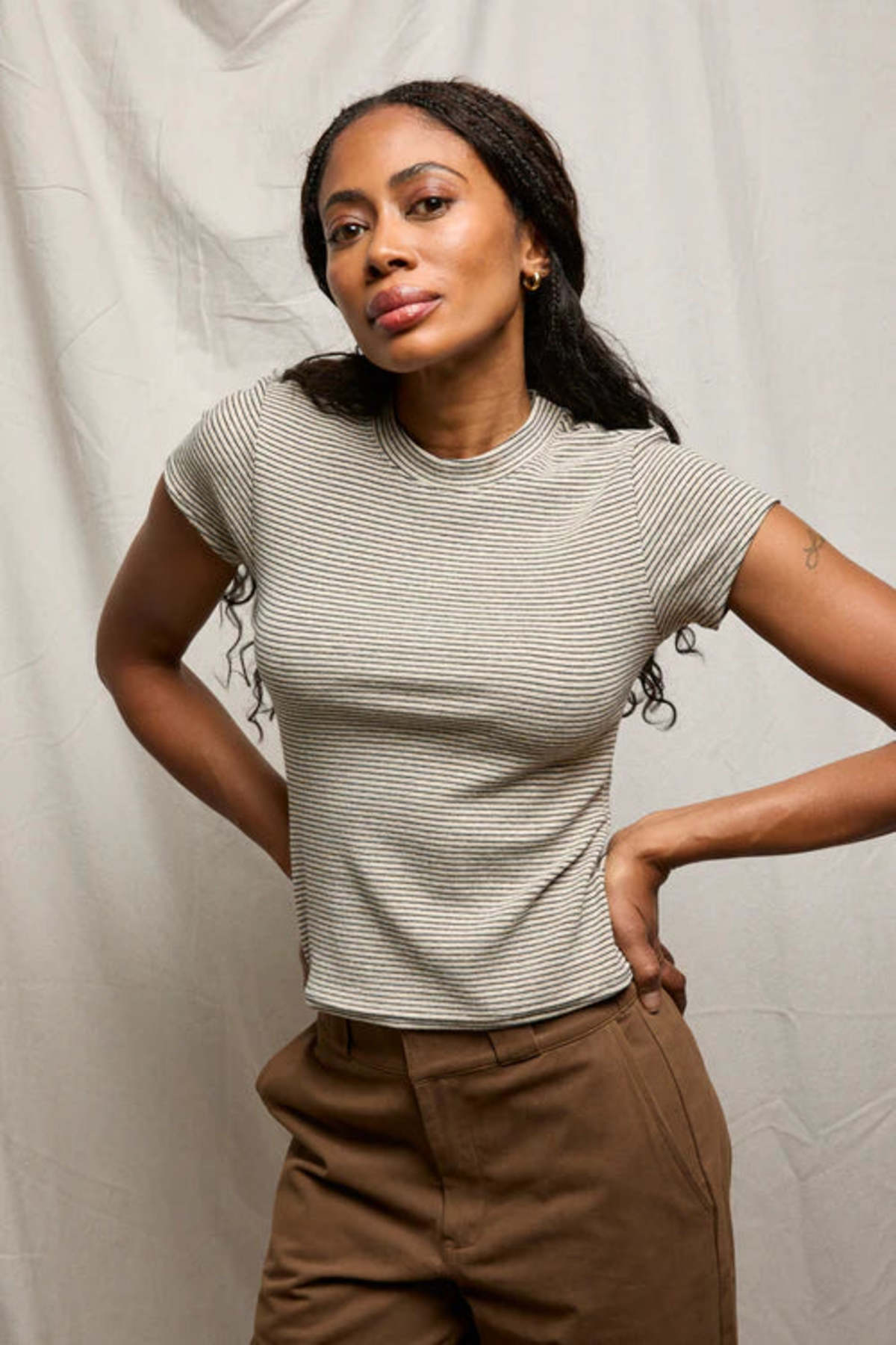 Perfect White Tee Jude Luxe Stripe Rib Crewneck Tee - Heather Black Stripe - Image 1 of 4