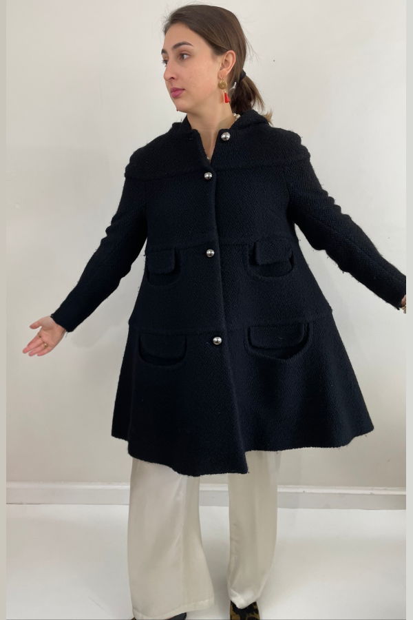 Martin Grant Paris Vintage Boucle Wool Hooded Swing Coat - Black