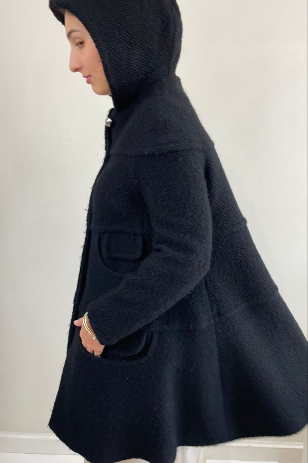 Martin Grant Paris Vintage Boucle Wool Hooded Swing Coat - Black