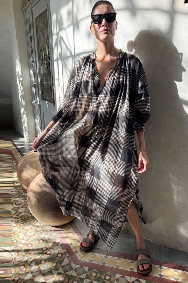 Two Long Sheer Caftan - Black/Cream Plaid