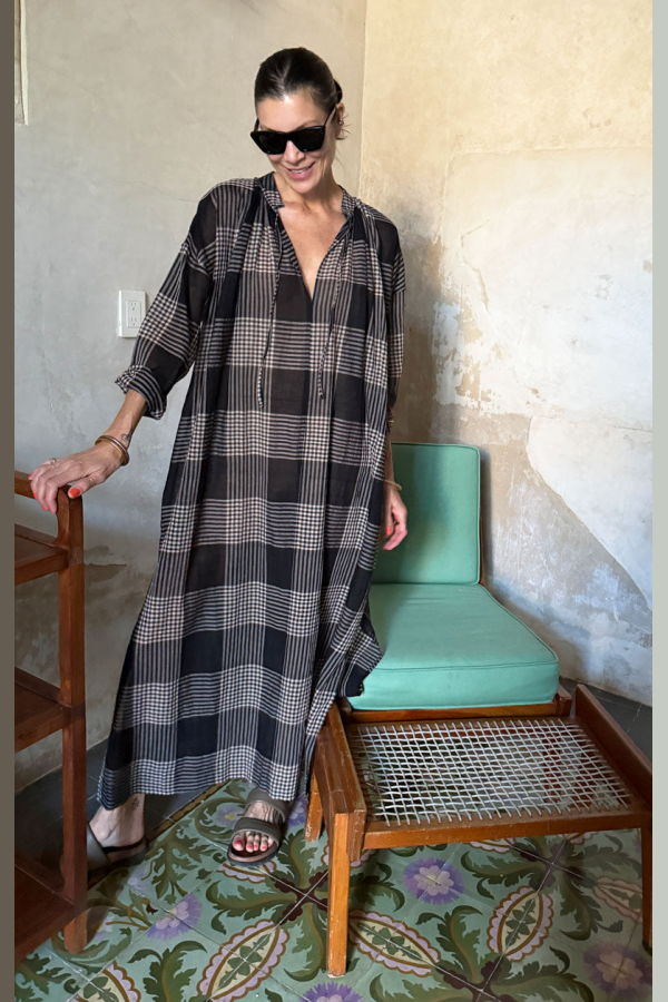 Two Long Sheer Caftan - Black/Cream Plaid