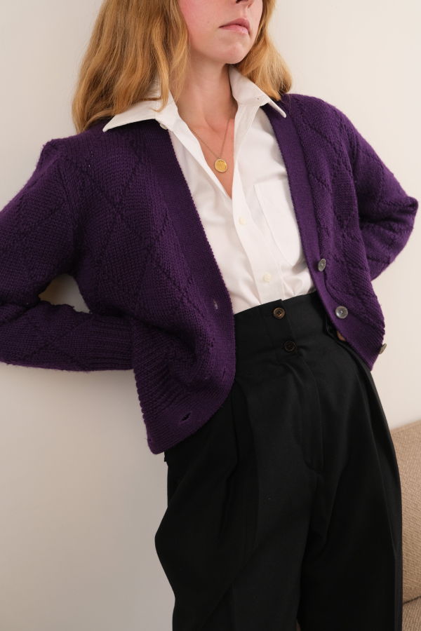 Vintage 90s Aubergine Wool Button Up Cardigan - Purple