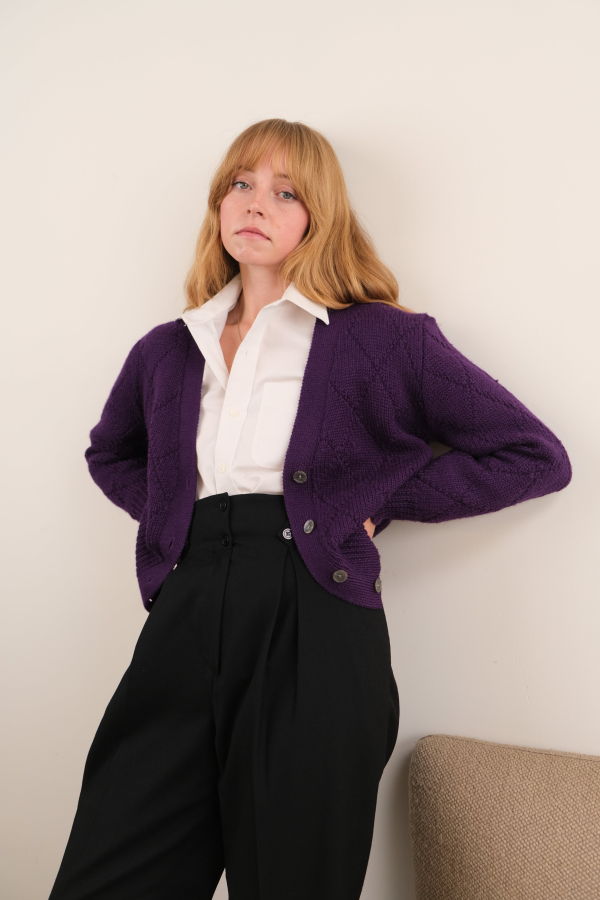 Vintage 90s Aubergine Wool Button Up Cardigan - Purple