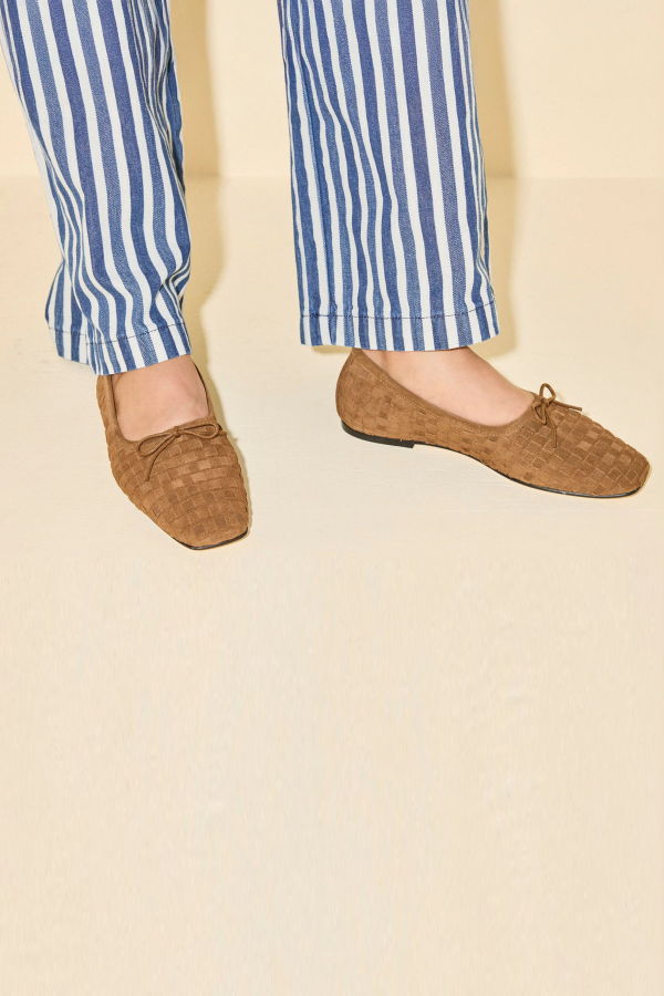 Freda Salvador Jada Square-Toe Woven Suede Flat - Toffee