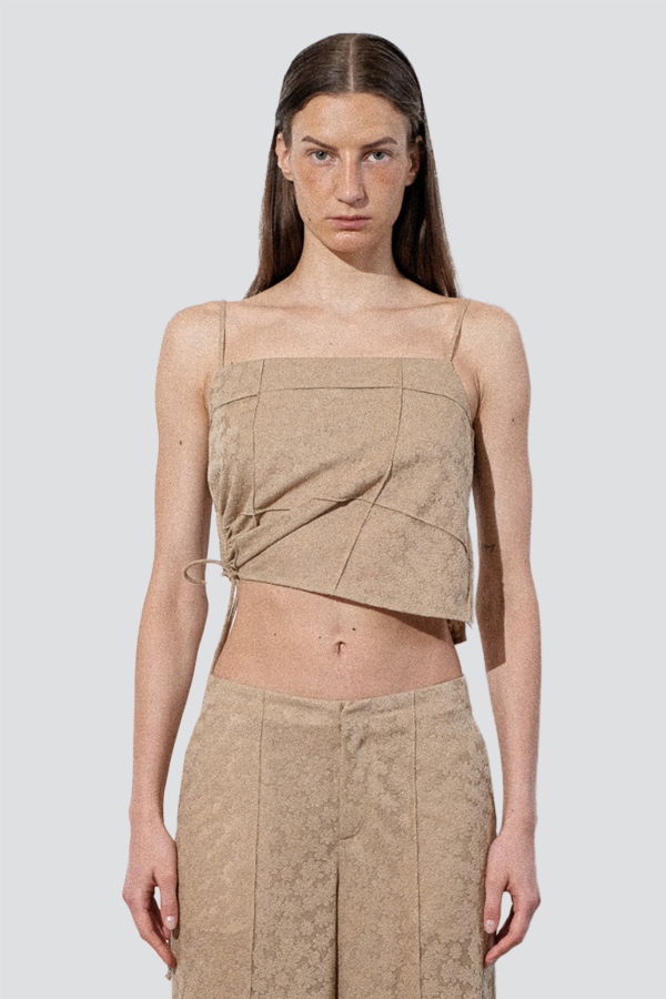 Zimo Pale Khaki Jacquard Floral Knit Pintuck Tank Top