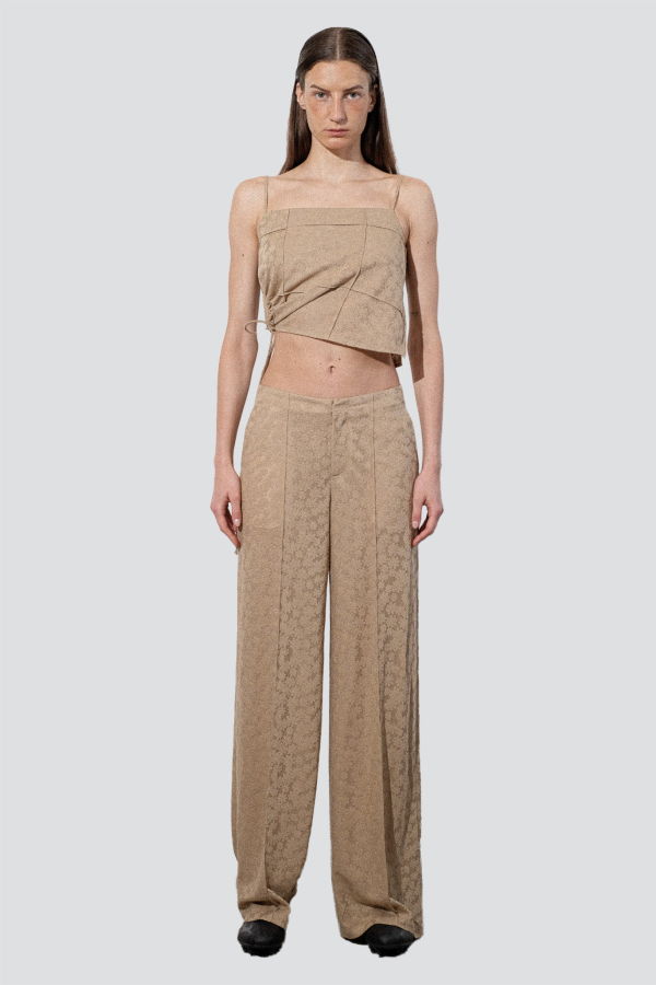 Zimo Pale Khaki Jacquard Floral Knit Pintuck Tank Top