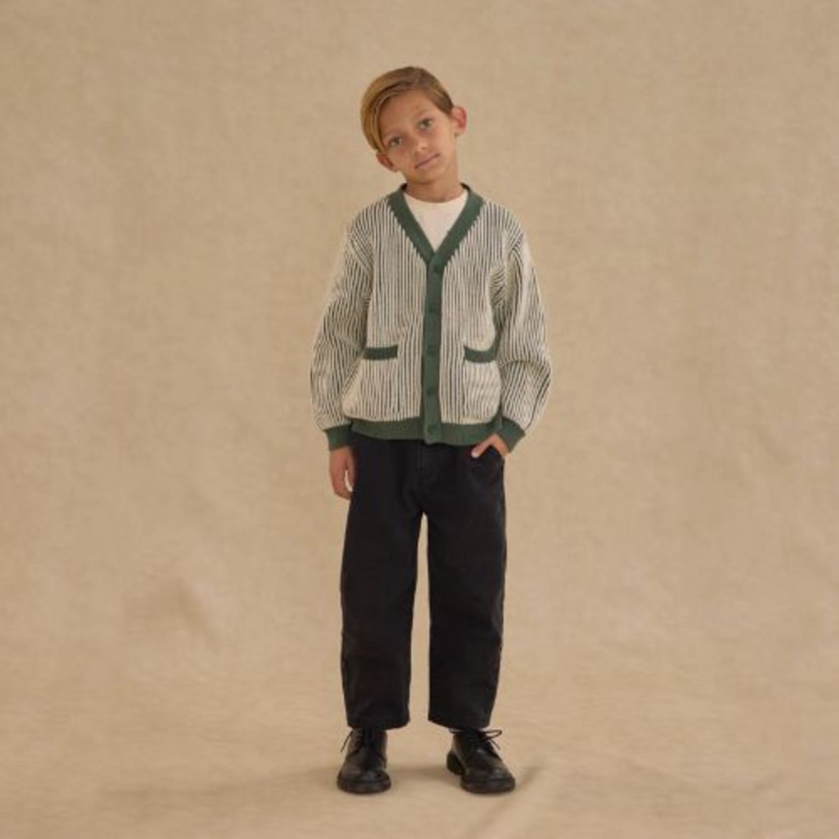KIDS Rylee + Cru Haywood Cardigan - Green/Natural Stripe - Image 1 of 3