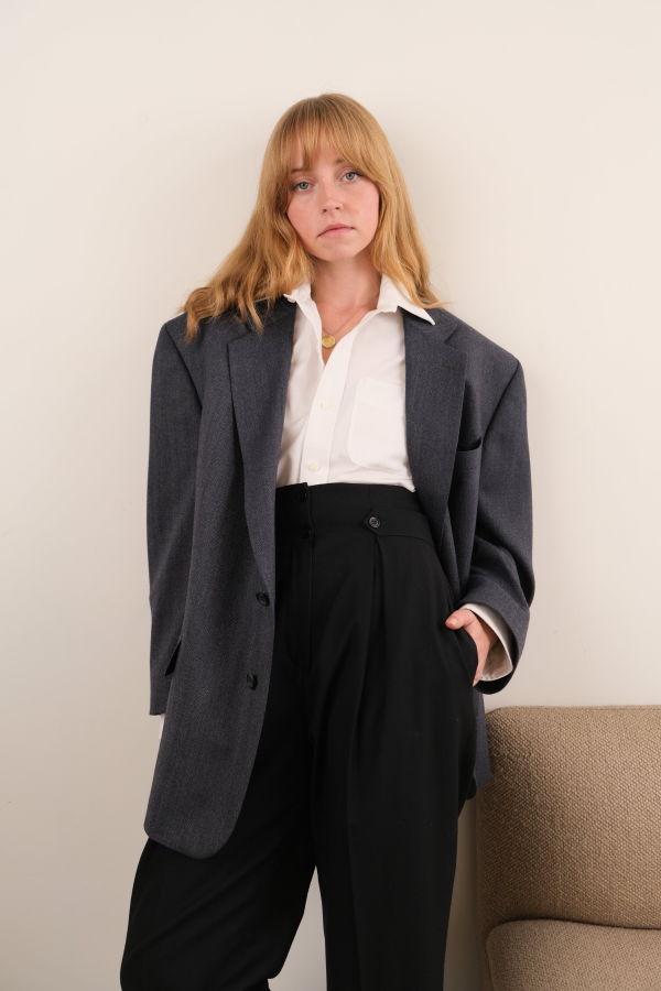 Hermine Vintage Slate Lambswool Longline Herringbone Blazer - Gray