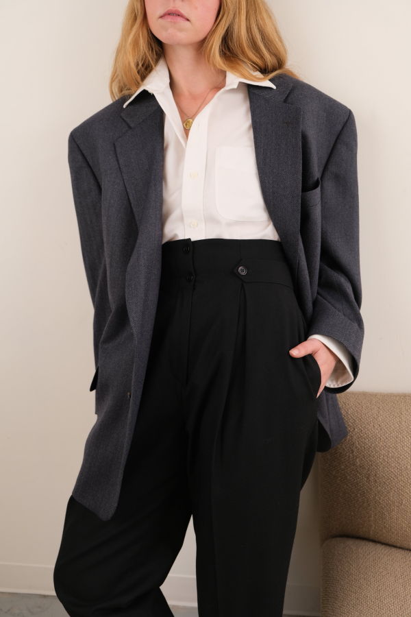 Hermine Vintage Slate Lambswool Longline Herringbone Blazer - Gray