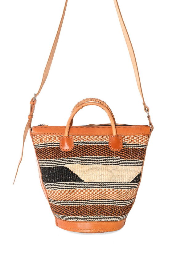 Swahili | AFRICAN MODERN Assorted Earthtone Sisal Handbag with Leather Straps and Round Leather Base