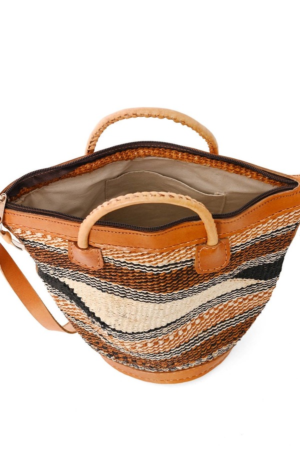 Swahili | AFRICAN MODERN Assorted Earthtone Sisal Handbag with Leather Straps and Round Leather Base