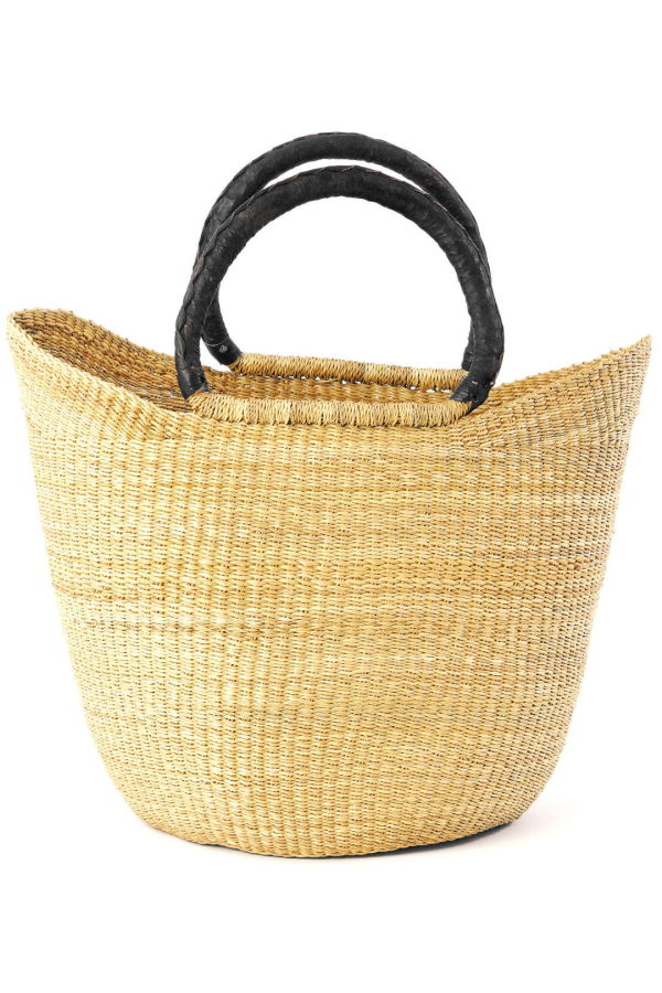 Swahili | AFRICAN MODERN Natural Ghanaian Wing Shopper Bag with Black and Cream Leather Handles